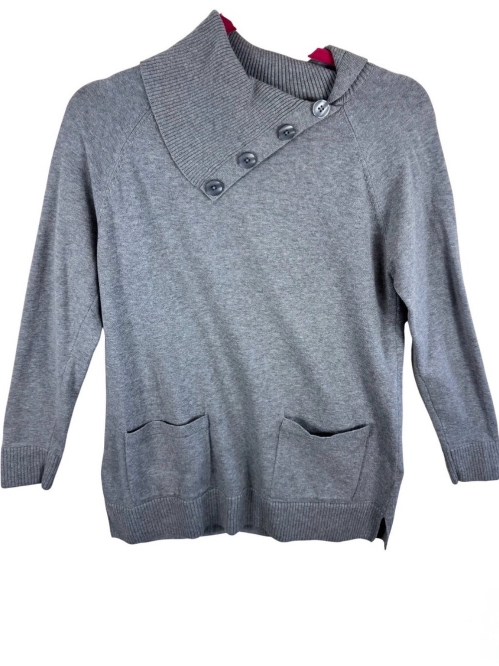 Jeanne Pierre Womens Grey Cotton Button Cowl Neck Sweater Small Raglan Pockets